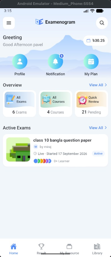 Examinogram mobile home showing active Class 10 Bangla question paper exam, results tab, and library