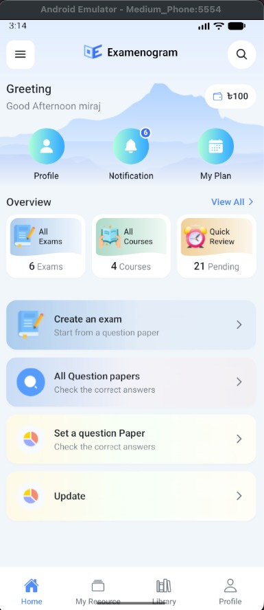 Examinogram mobile home showing create an exam, question papers, overview of exams and courses, and Wallet balance